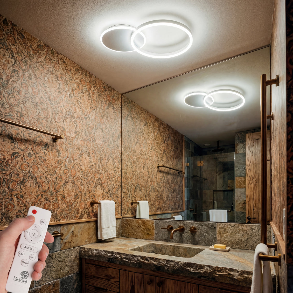 Iluminación LED para baño con plafón blanco de diseño circular y luz regulable.