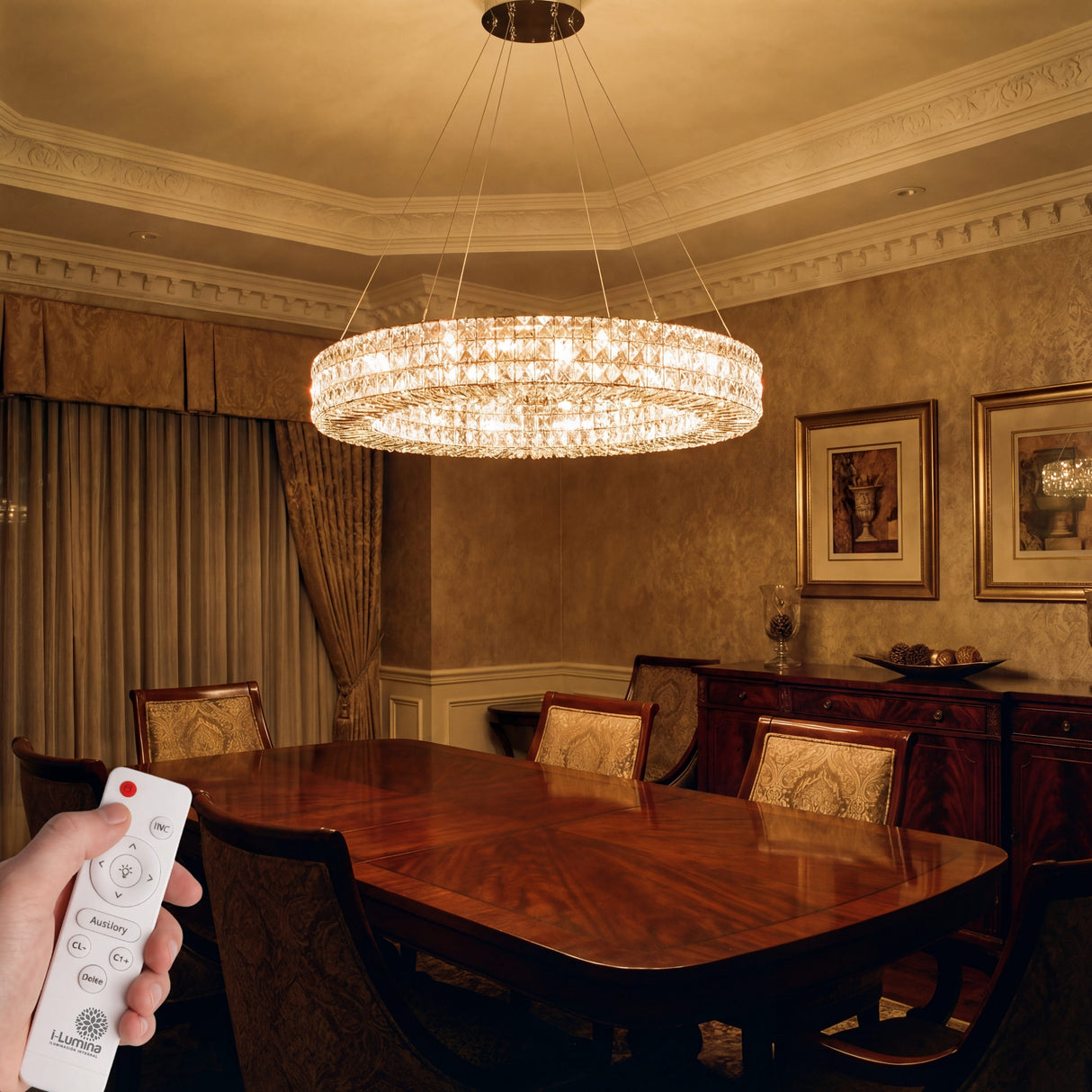 Iluminación central para mesa de comedor con acabados platino y destellos de cristal.
