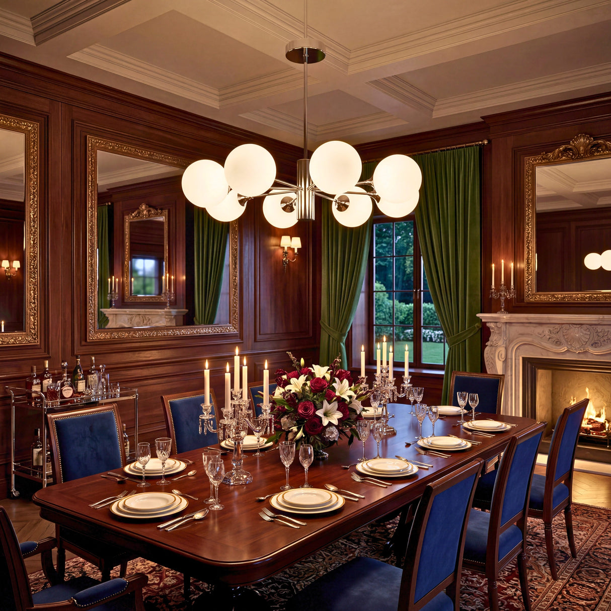 Lampara de techo para comedor formal con mesa larga y decoracion de lujo