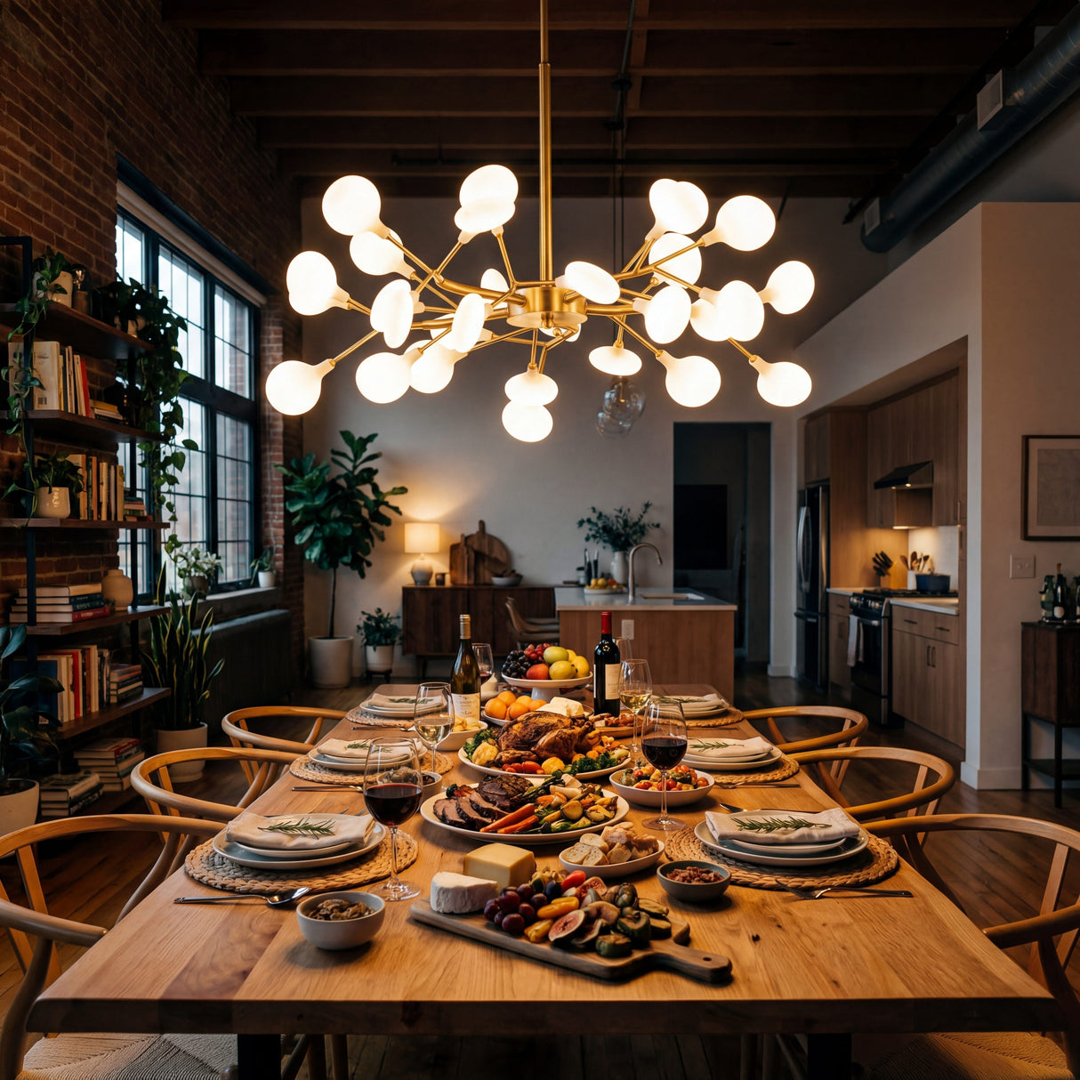 Comedor moderno iluminado con una lampara Sputnik Nativa Gold sobre mesa de madera.