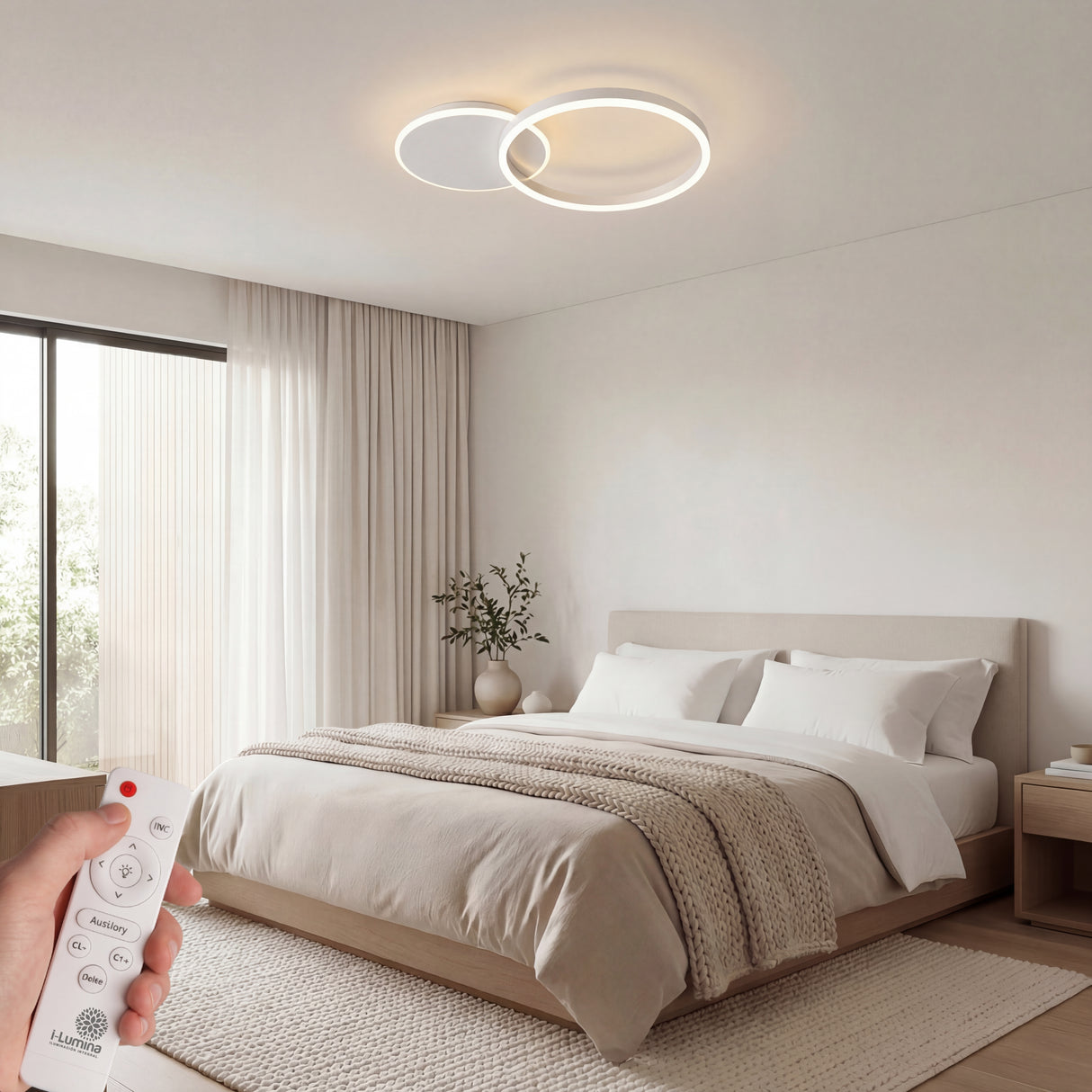 Iluminación LED para dormitorio principal con diseño de círculos entrelazados en color blanco.