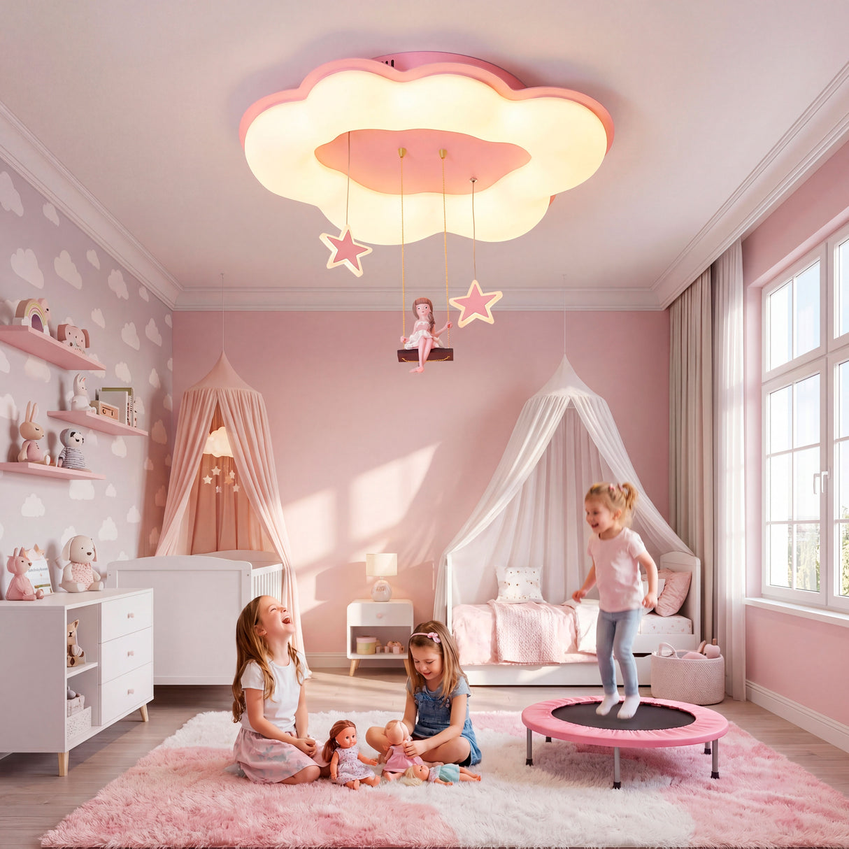 Niñas jugando bajo la luz de la lámpara Swing Cloud en dormitorio con dosel.