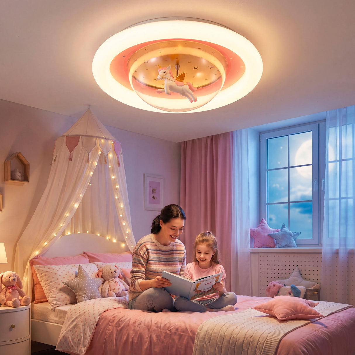 Plafón infantil de unicornio y luna en dormitorio de niña con tonos rosa y blanco.