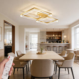 Lámpara de techo LED dorada de diseño cuadrado para comedor moderno con mando a distancia.