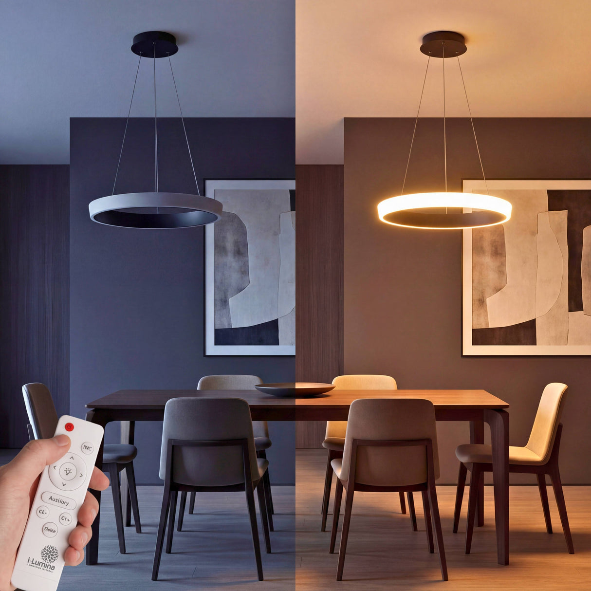 Efecto de luz ambiental en zona de comedor con contraste de sombras y diseño sobrio.