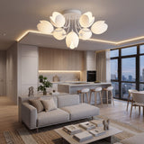 Lampara de techo sputnik tulipa bloom blanca en sala comedor moderna con luz calida