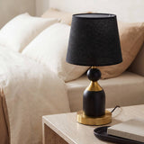 Lámpara de velador ALBA BLACK AND GOLD junto a cama blanca en dormitorio claro