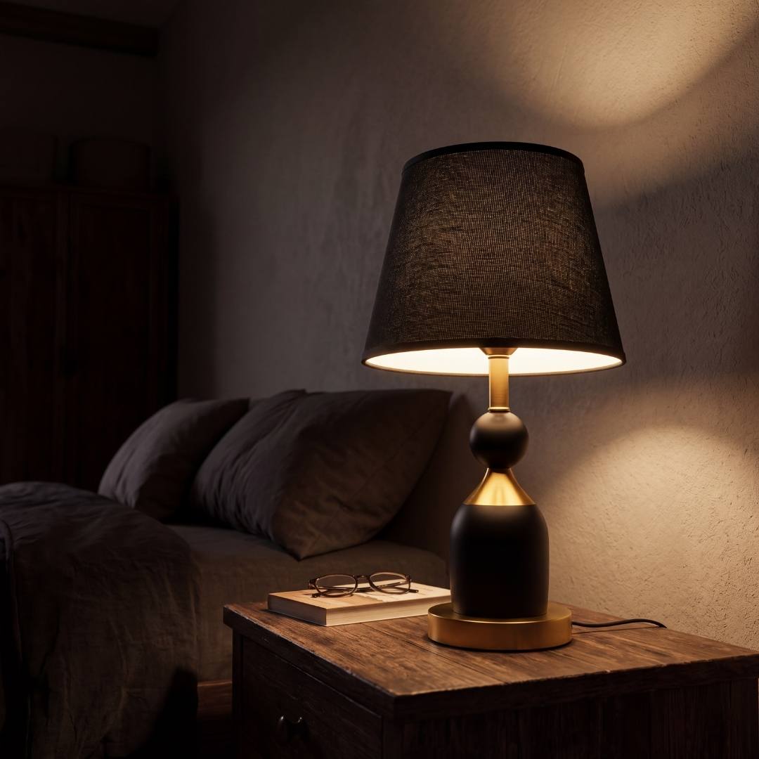 Lámpara de velador ALBA BLACK AND GOLD con luz cálida en ambiente oscuro