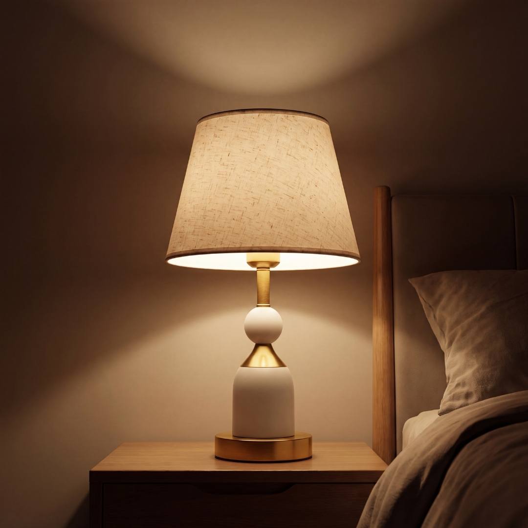 Lámpara de velador encendida iluminando el dormitorio por la noche