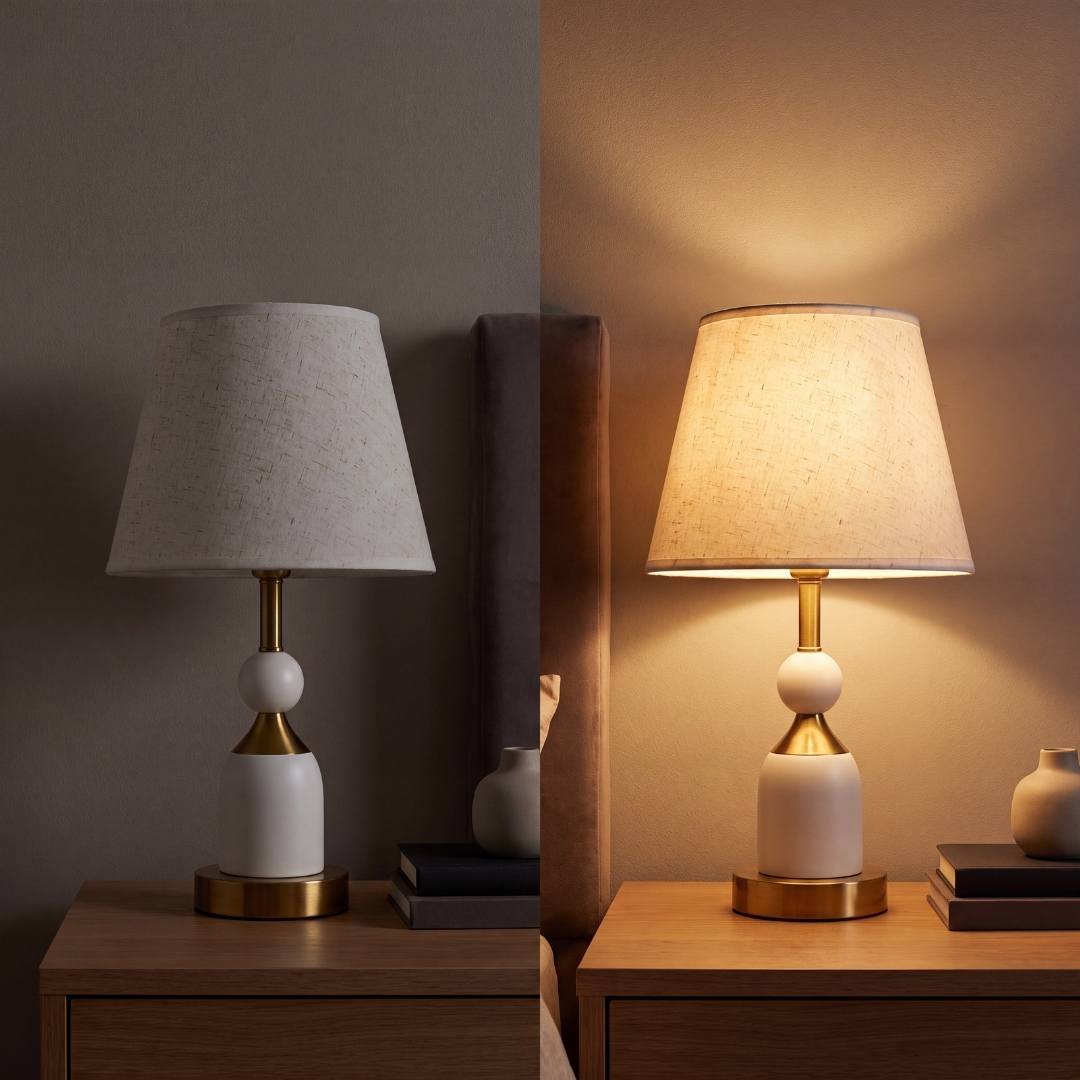 Lámpara de velador blanca y dorada sobre mesa de noche de madera