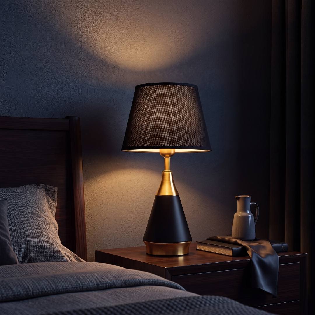 Lámpara de velador encendida iluminando el dormitorio de noche