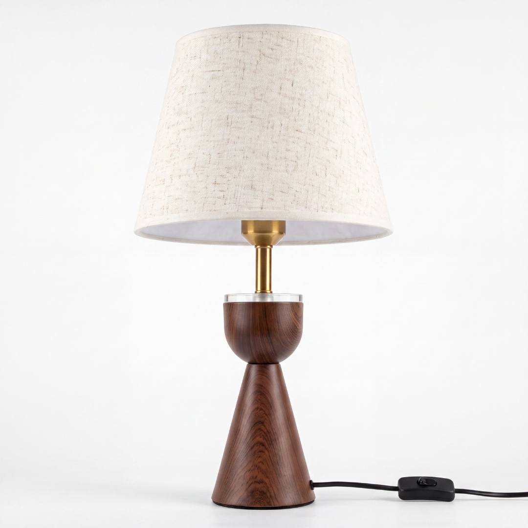 Lámpara de velador BIANCA WALNUT con luz cálida sobre mesa de noche