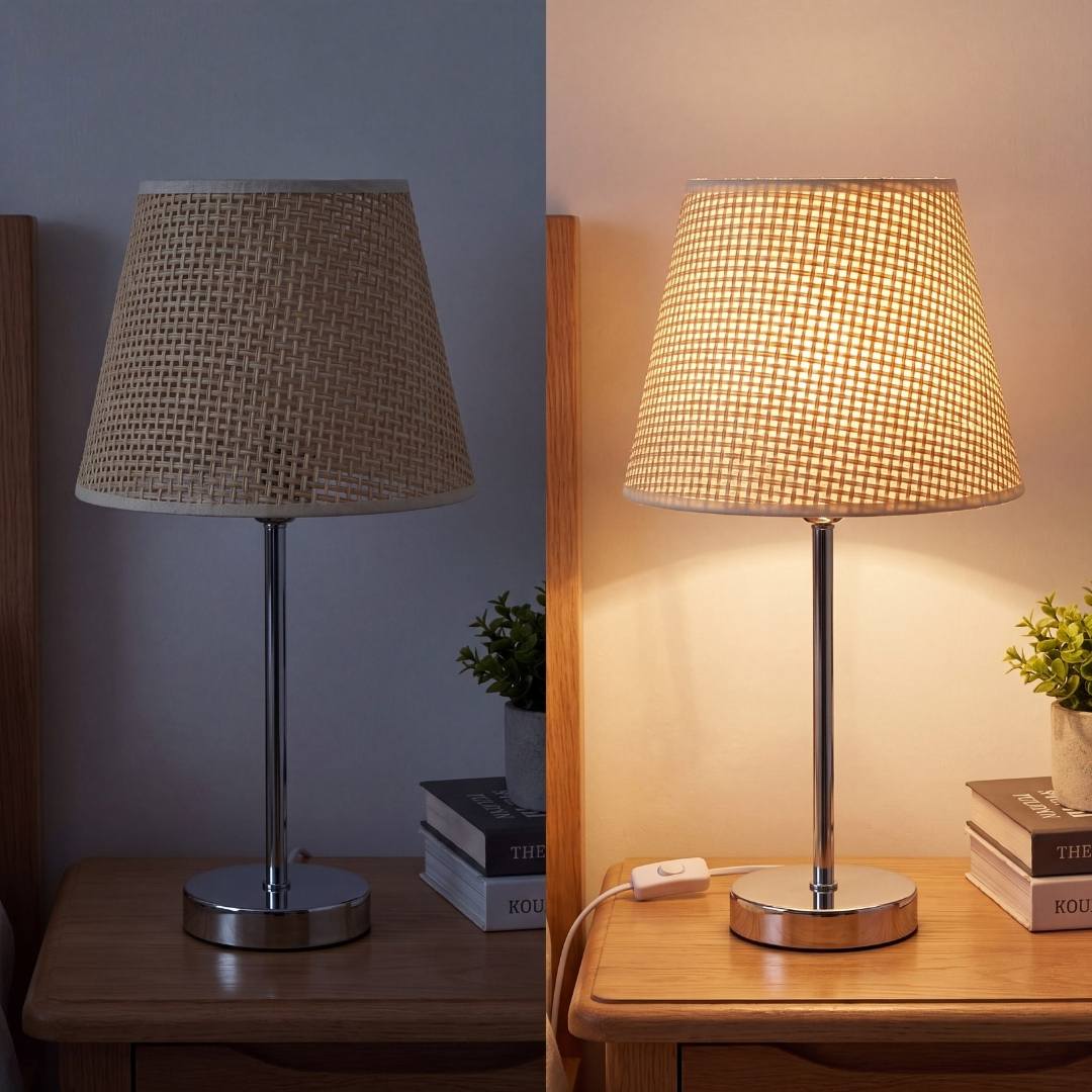 Lámpara de velador CAPRI encendida de noche en un dormitorio moderno