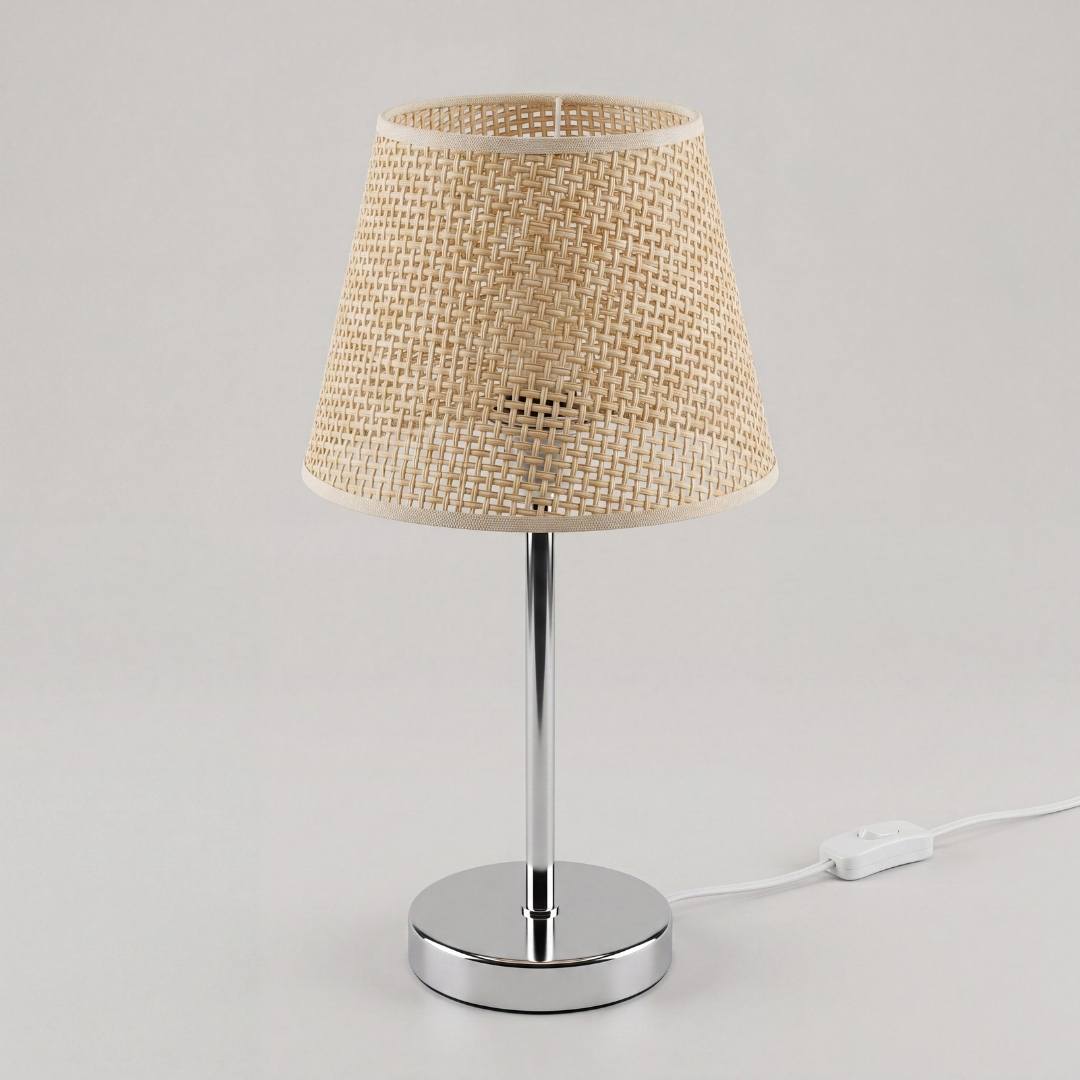 Lámpara de velador CAPRI de ratán encendida sobre mesa de noche clara