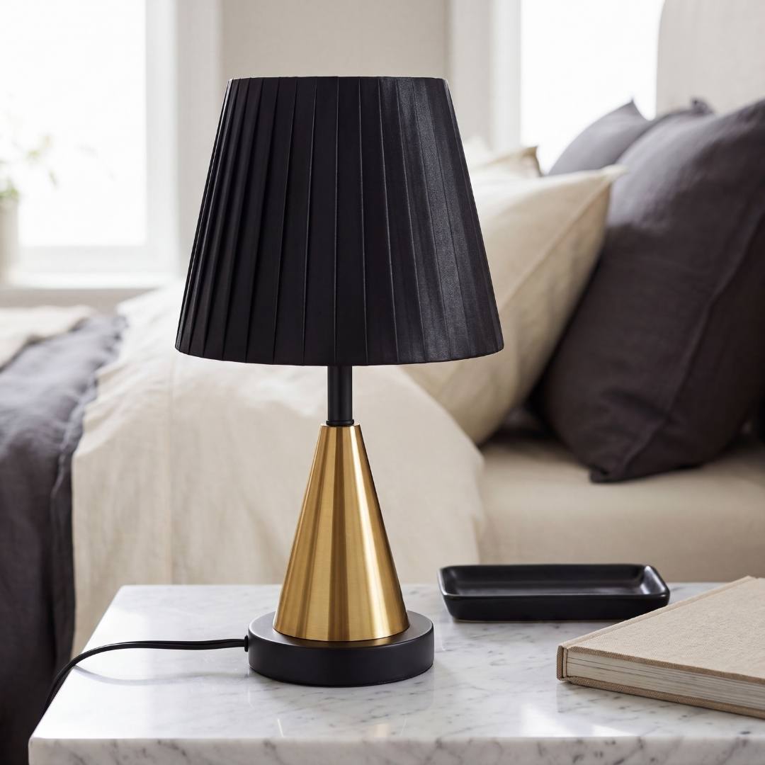 Lámpara de velador negra y dorada sobre mesa de noche junto a la cama