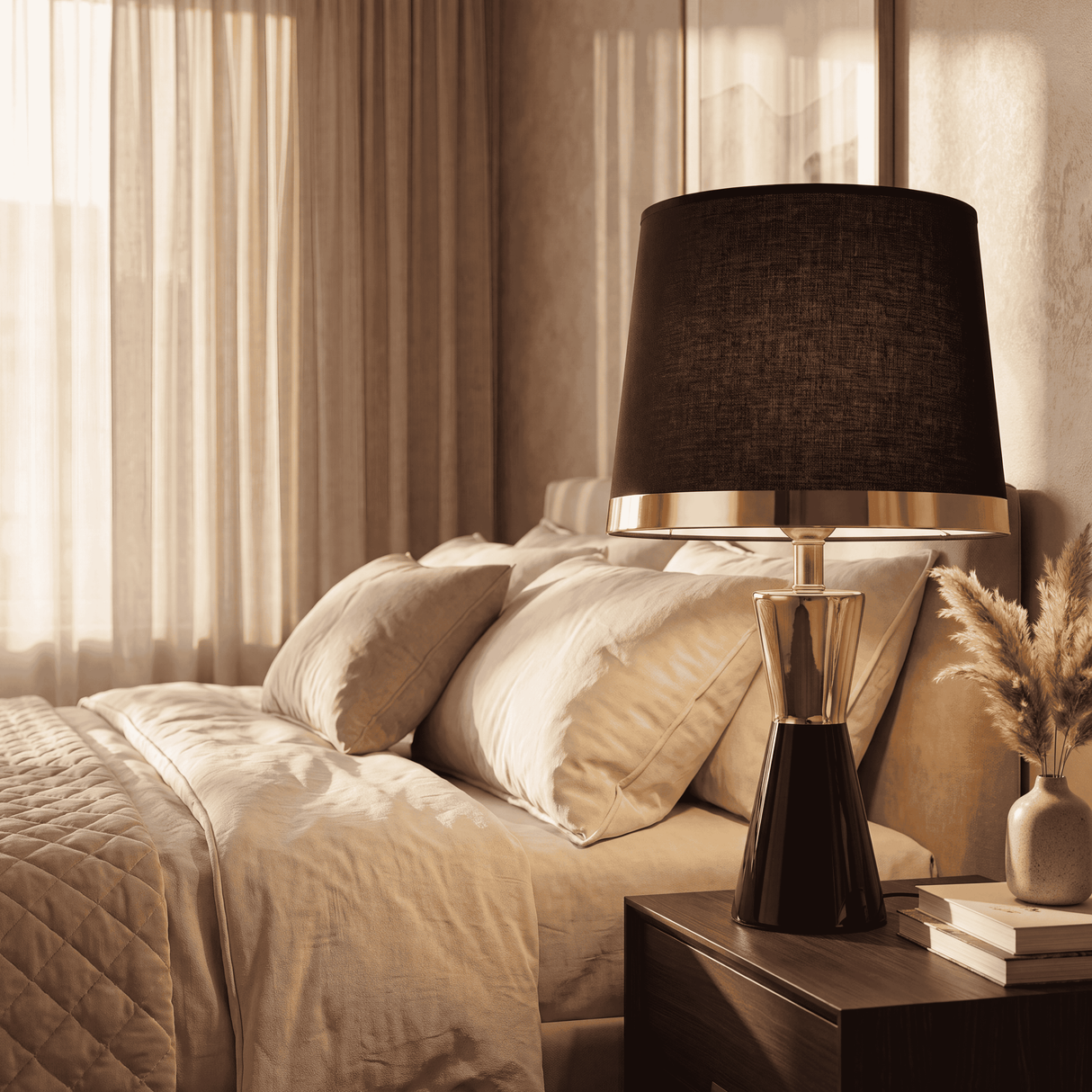 Ambiente acogedor de dormitorio con lámpara de velador CLEO GOLD de luz cálida