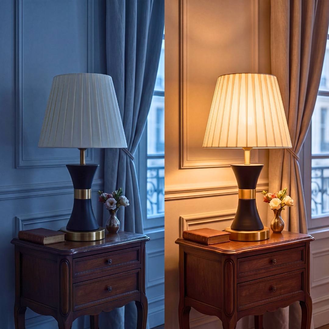 Lámpara de velador encendida iluminando el dormitorio por la noche