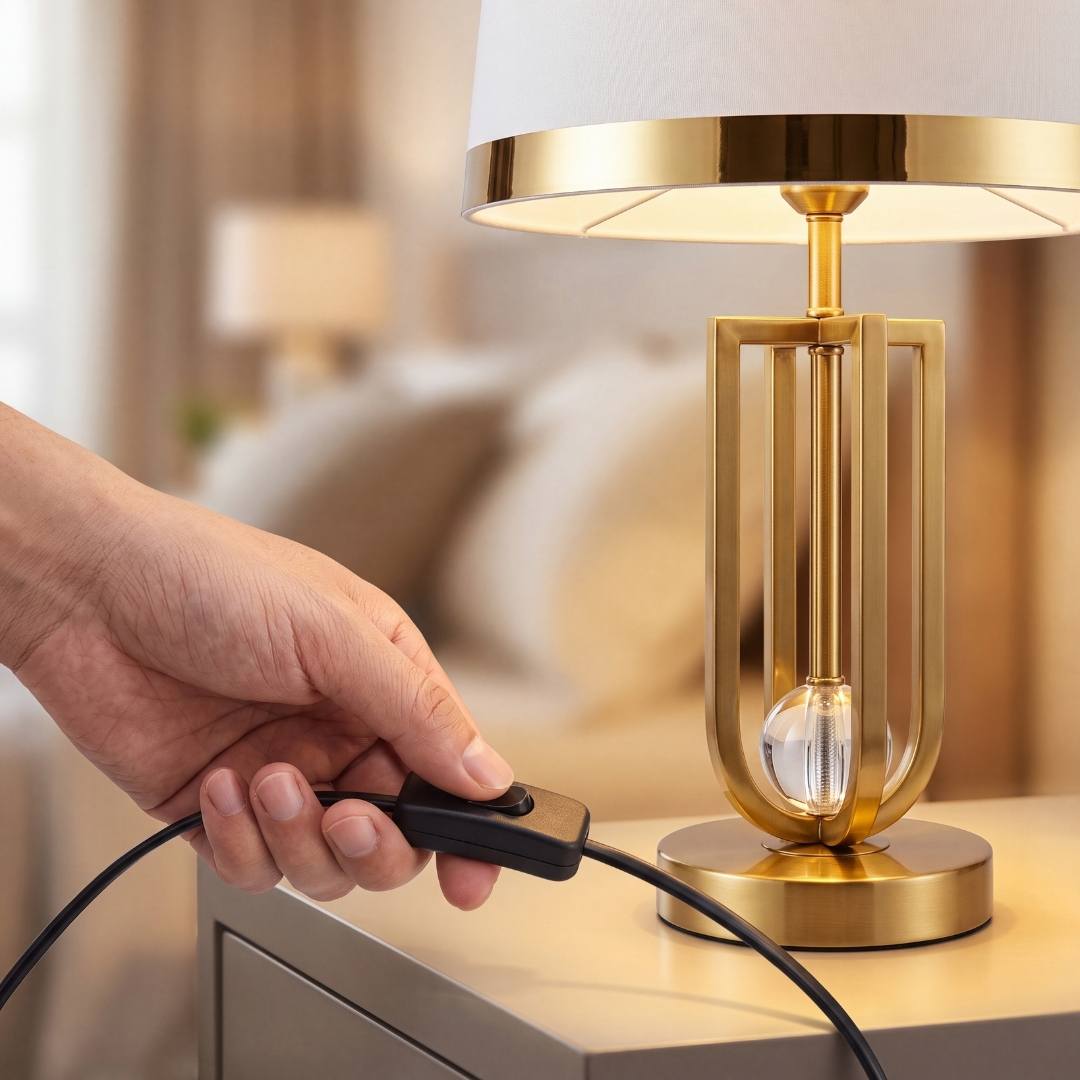 Mano encendiendo la lámpara con el interruptor en línea del cable