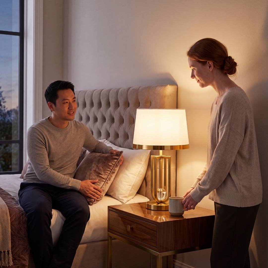 Pareja leyendo junto a la luz cálida de la lámpara de velador dorada