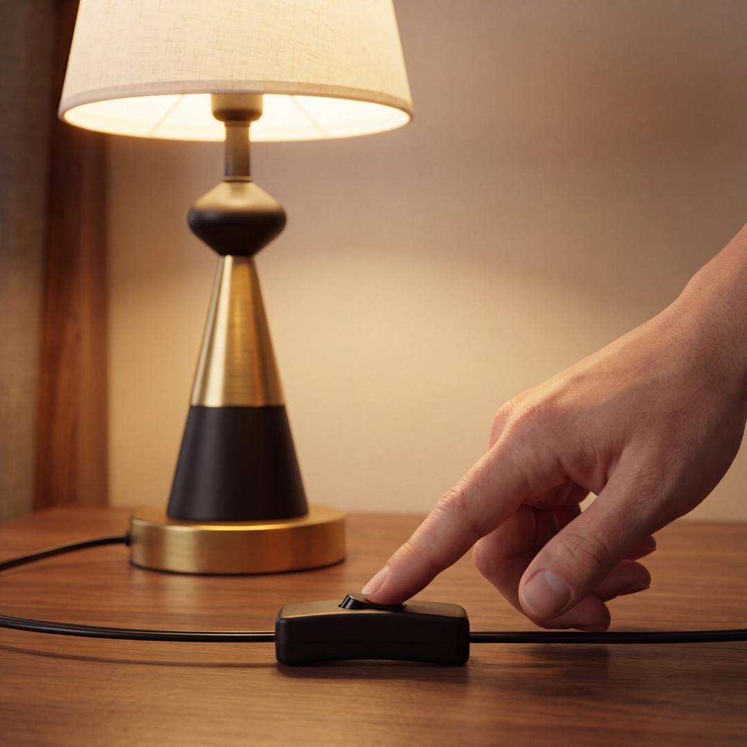 Mano encendiendo la lámpara con el interruptor en línea del cable