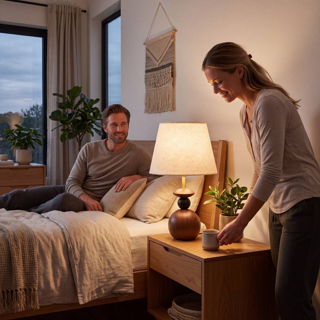 Lámpara de velador FREYA WALNUT AND BLACK en dormitorio luminoso con pareja