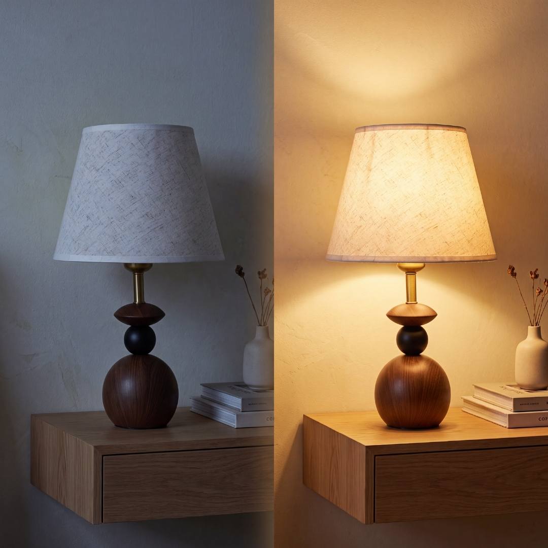 Lámpara de velador FREYA WALNUT AND BLACK con luz cálida en ambiente oscuro