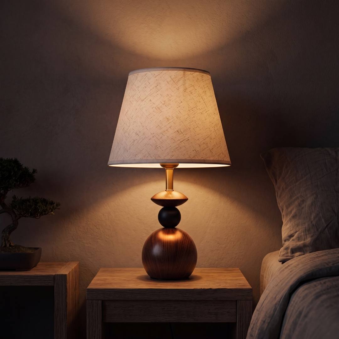 Lámpara de velador FREYA WALNUT AND BLACK encendida de noche junto a la cama