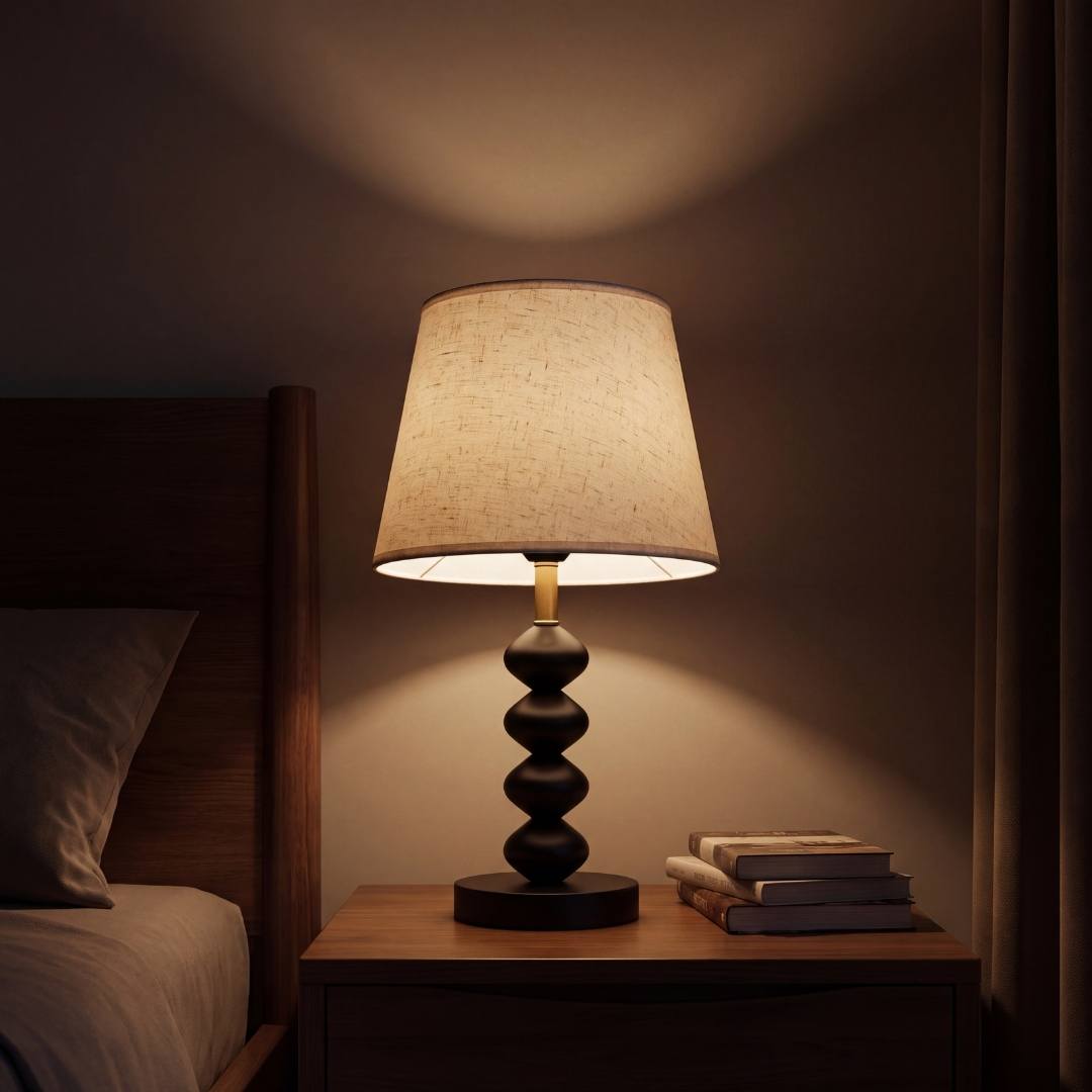 Lámpara de velador GRETA BLACK con luz cálida sobre mesa de noche