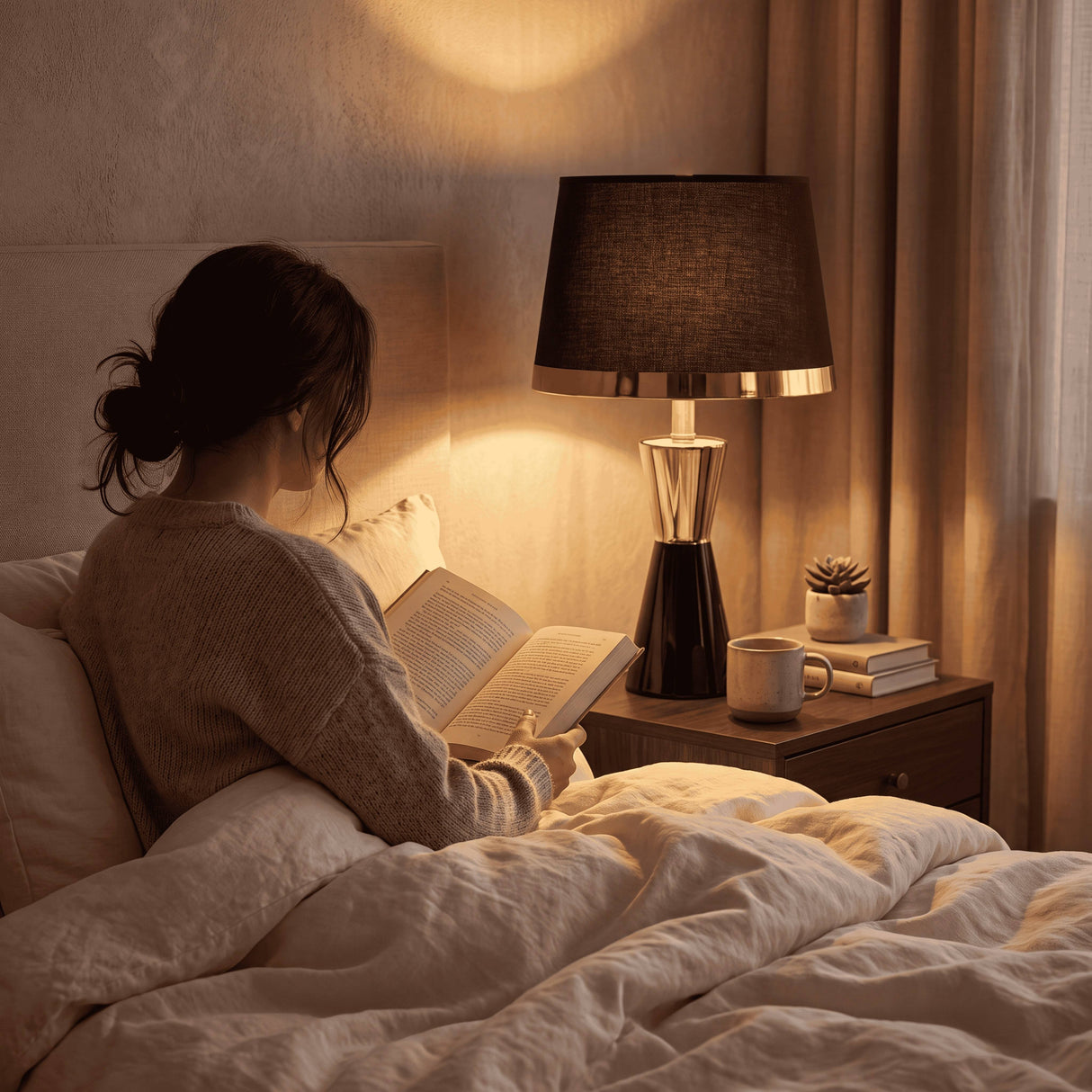 Luz cálida de lámpara de velador CLEO GOLD creando ambiente acogedor en dormitorio