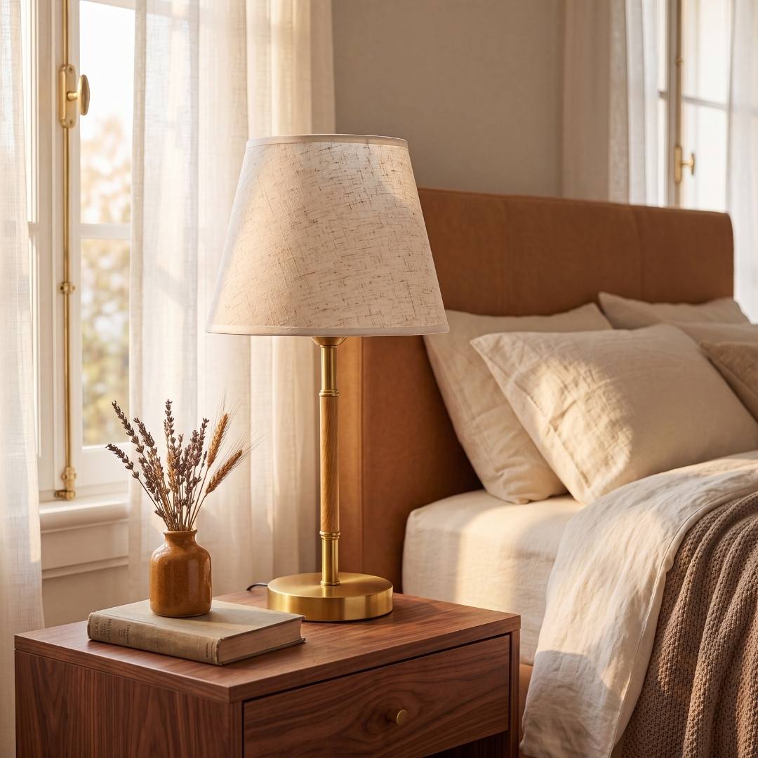 Lámpara de velador MARGOT WOOD AND GOLD sobre mesa de noche en dormitorio beige