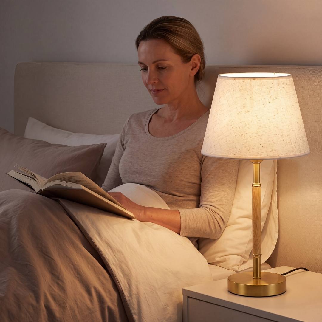 Lámpara de velador MARGOT WOOD AND GOLD iluminando la lectura nocturna