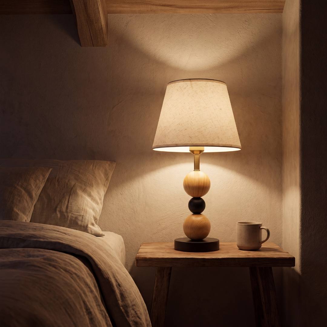 Lámpara de velador MAYA WOOD AND BLACK con luz cálida de noche en el dormitorio