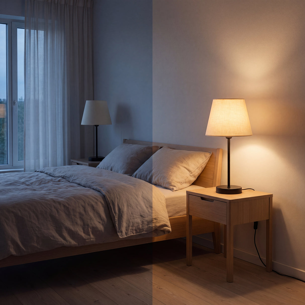 Lámpara de velador NORA con luz cálida en dormitorio de ambiente relajante