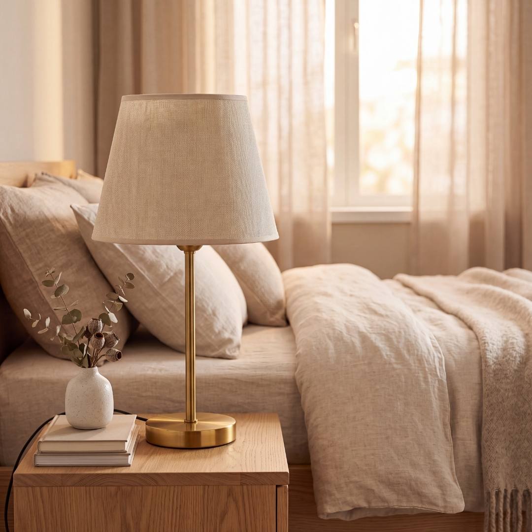 Lámpara de velador NORA GOLD sobre mesa de noche en dormitorio con luz natural