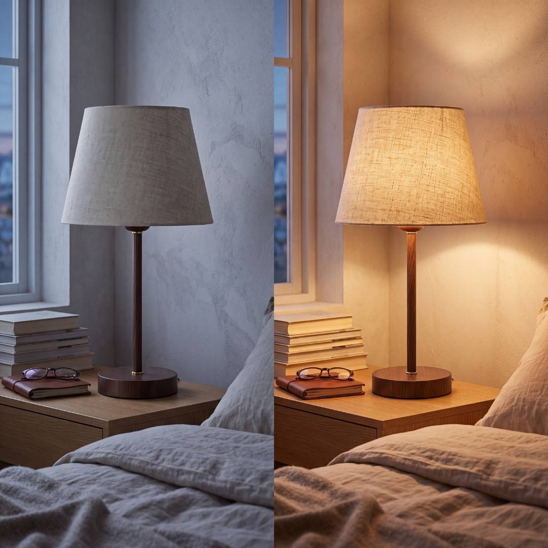 Lámpara de velador NORA WALNUT encendida en dormitorio de tonos azules de noche