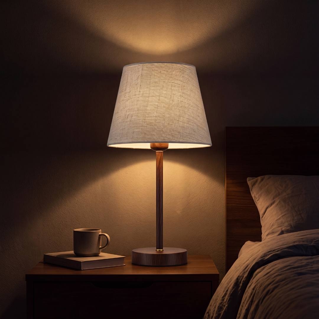 Lámpara de velador NORA WALNUT con luz cálida sobre mesa de noche en ambiente oscuro