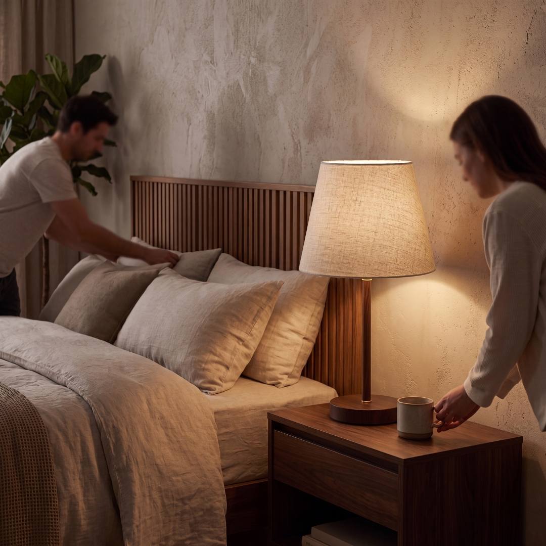 Lámpara de velador NORA WALNUT encendida con luz cálida junto a la cama de noche