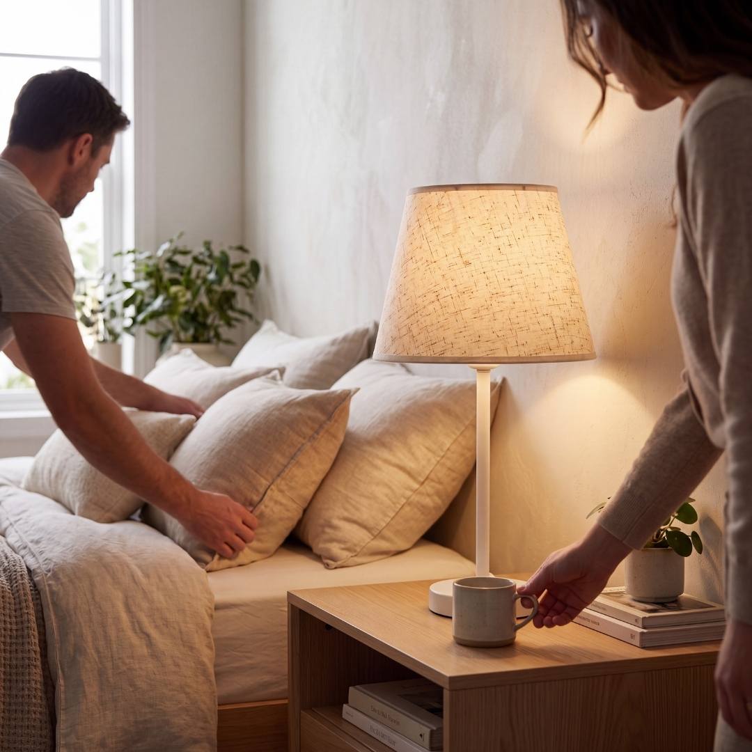 Lámpara de velador NORA WHITE encendida en dormitorio junto a la cama