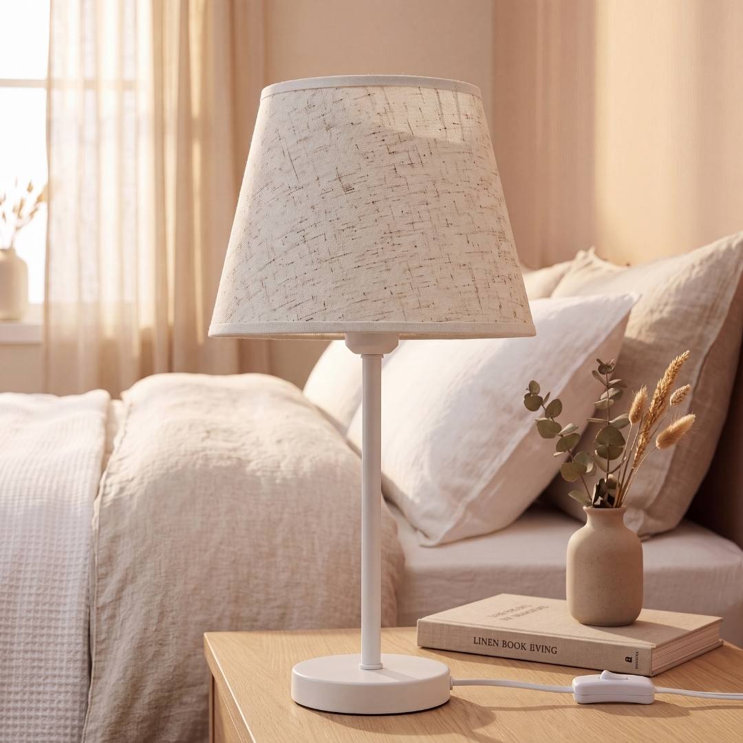 Lámpara de velador NORA WHITE con luz cálida sobre mesa de noche del dormitorio