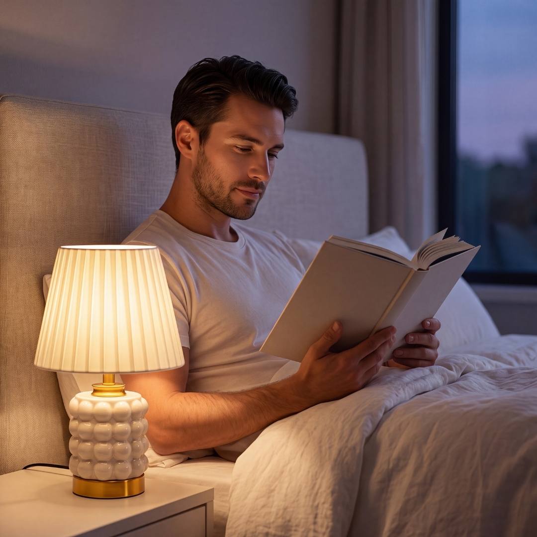 Lámpara de velador PERLA CREAM AND GOLD iluminando la lectura nocturna en la cama