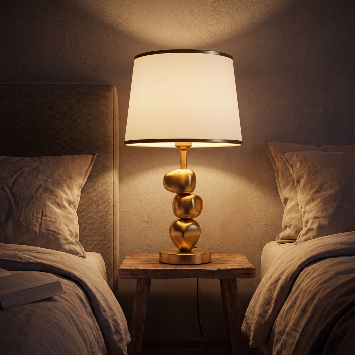 Lámpara de velador PIETRA GOLD iluminando dormitorio en momento de descanso