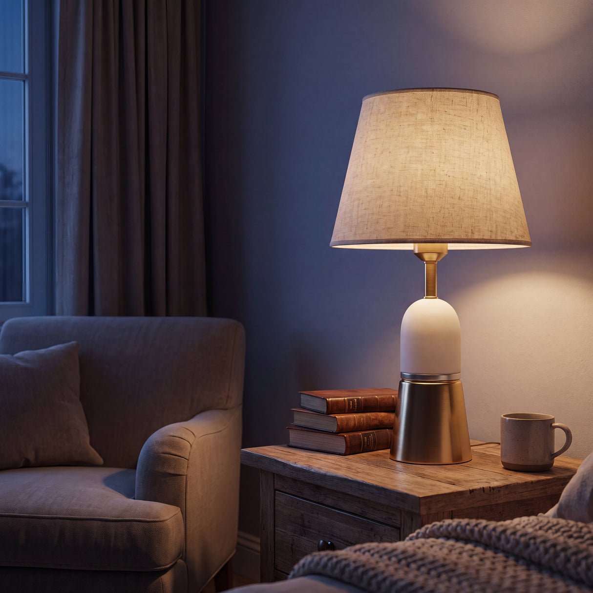 Lámpara de mesa dorada encendida con luz cálida junto al sofá de la sala