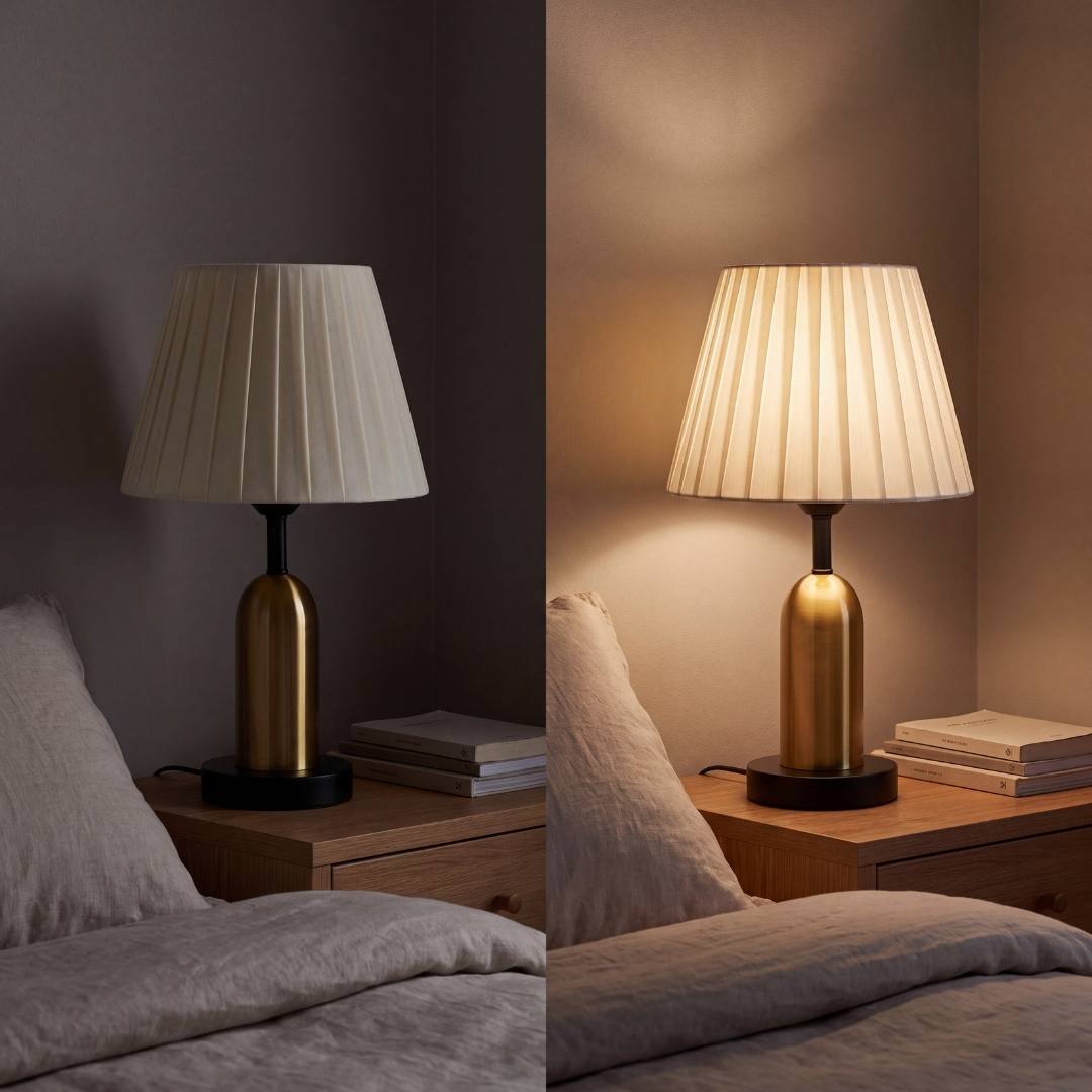 Lámpara de velador de latón antiguo sobre mesa de noche junto a la cama