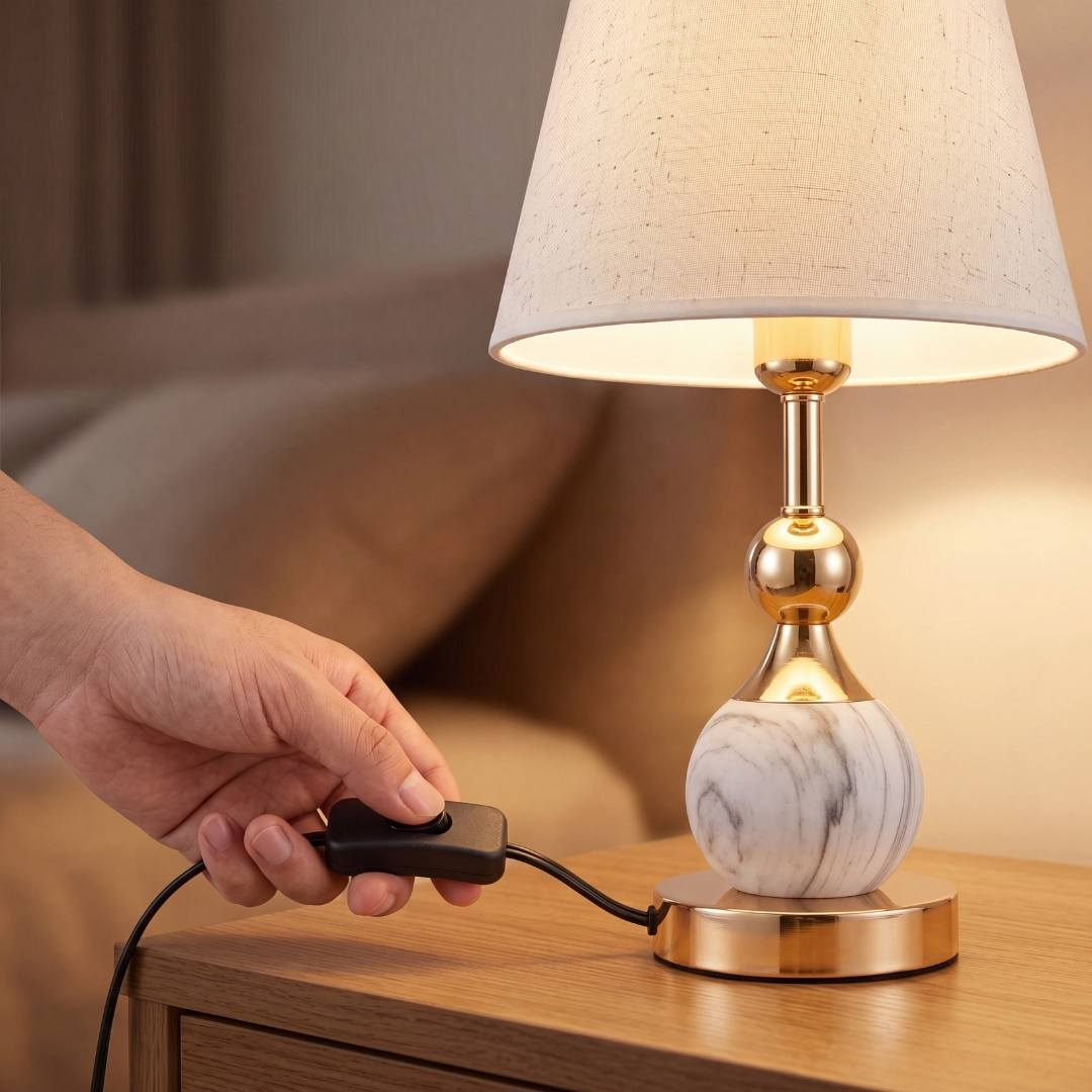Mano encendiendo la lámpara con el interruptor en línea del cable
