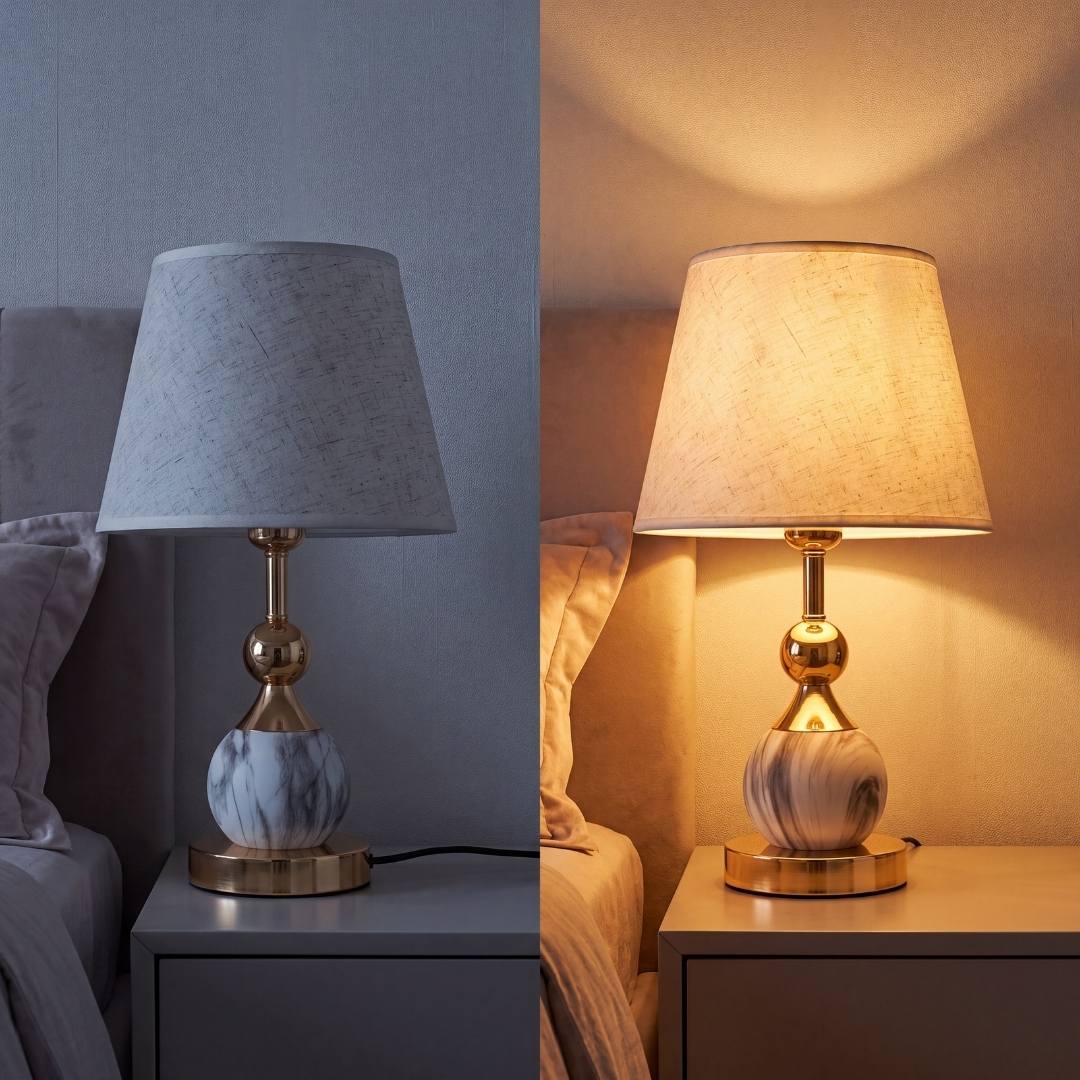 Lámpara de velador efecto mármol sobre mesa de noche junto a la cama