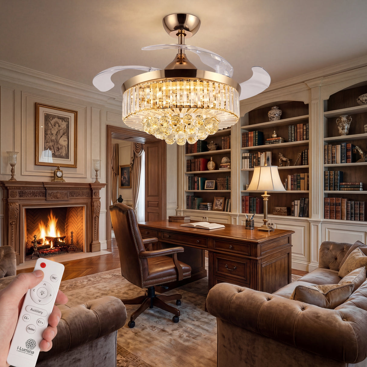 Ventilador invisible de cristal en oficina elegante con estanterías de madera.