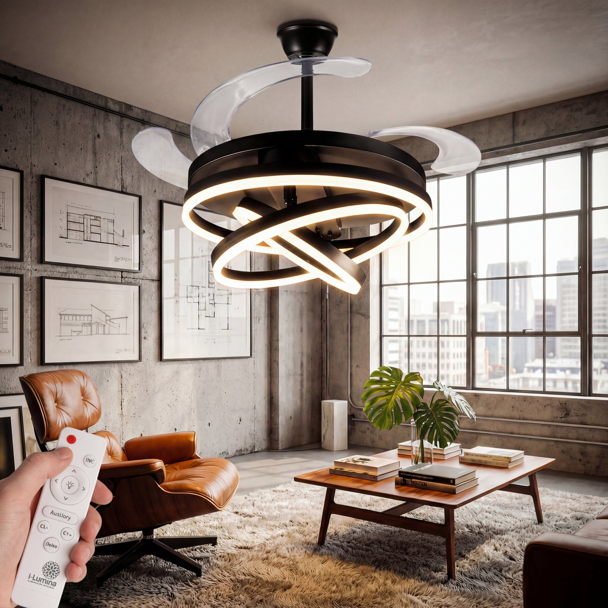 Diseño de anillos LED Luxury Futura Black en una sala con acabados de concreto y madera.