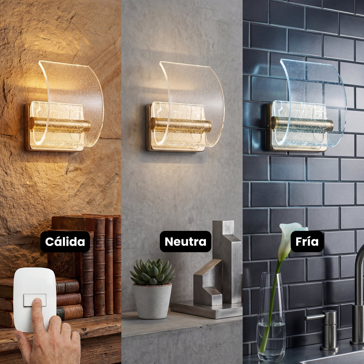 Comparativa de luz cálida, neutra y fría de la lámpara de pared Wave Gold.