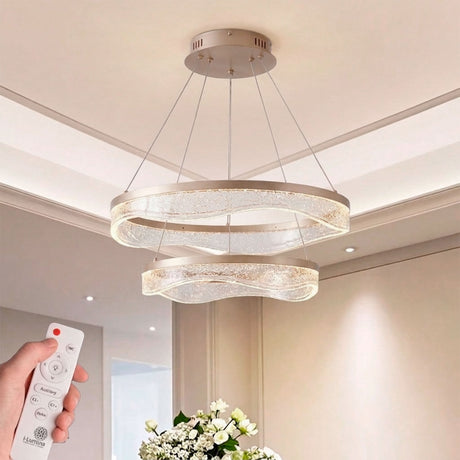 Luminaria suspendida de doble anillo de cristal para proyectos de iluminación técnica contemporánea.