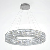 Vista frontal de lámpara circular de cristal suspendida sobre fondo blanco técnico.